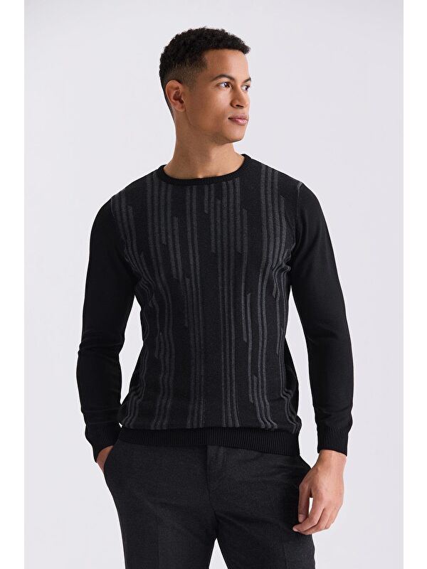 JAKAMEN Siyah Slim Fit Bisiklet Yaka Desenli Triko Kazak