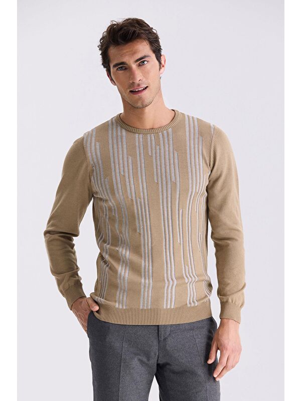 JAKAMEN Bej Slim Fit Bisiklet Yaka Desenli Triko Kazak