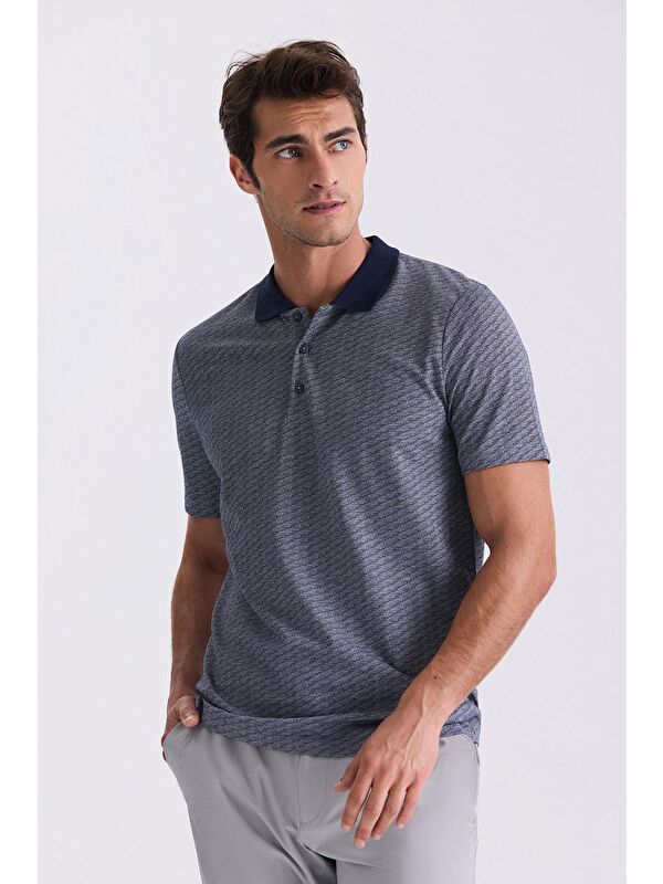 JAKAMEN Lacivert Regular Fit Desenli Polo Yaka T-Shirt