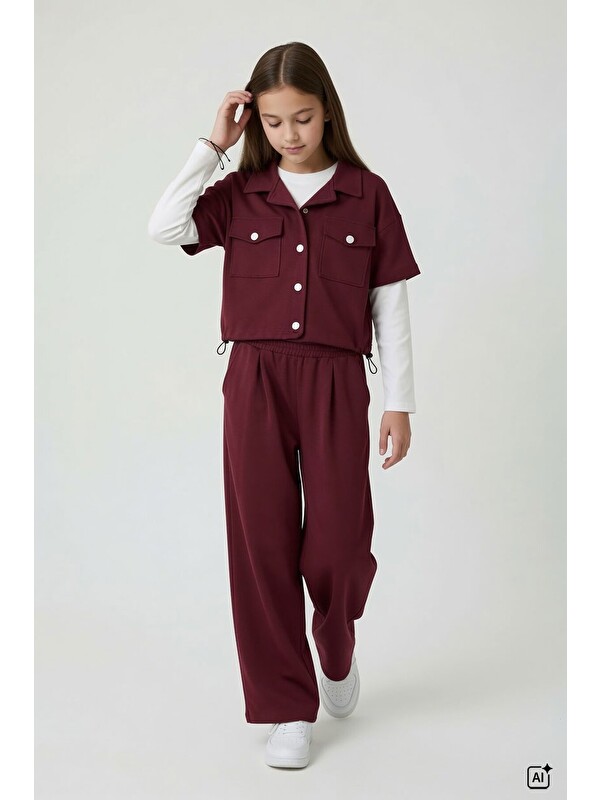 Cansın Mini Bordo Kız Çocuk Kısa Kol Ceketli Badili Bol Paça Pantolonlu 3lü Alt Üst Takım 24771