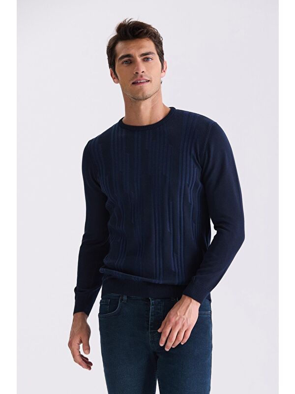 JAKAMEN İndigo Slim Fit Bisiklet Yaka Desenli Triko Kazak
