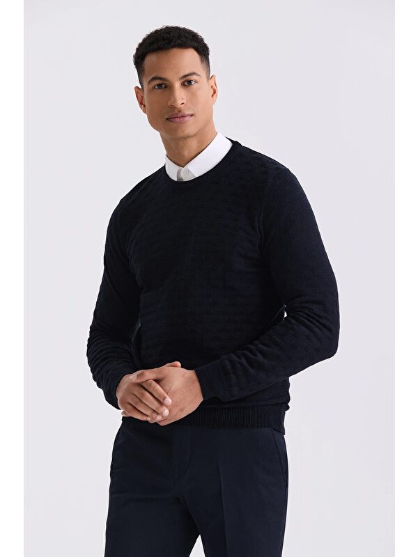 JAKAMEN Lacivert Slim Fit Bisiklet Yaka Desenli Triko Kazak