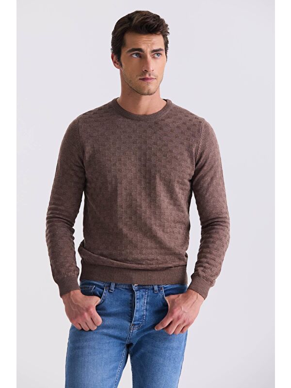 JAKAMEN Kahve Slim Fit Bisiklet Yaka Desenli Triko Kazak