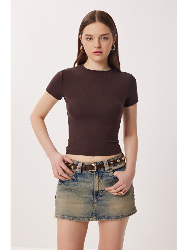 Happiness İstanbul Bisiklet Yaka Basic Örme T-shirt KAHVERENGİ LDZ0067