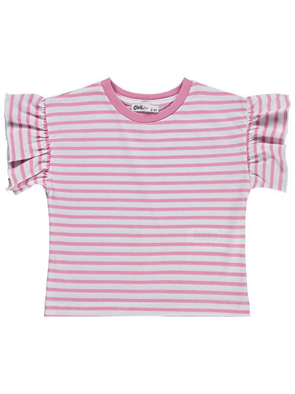 Civil Girls Çizgili Volan Kol 2-5 Yaş Tişört - Pembe