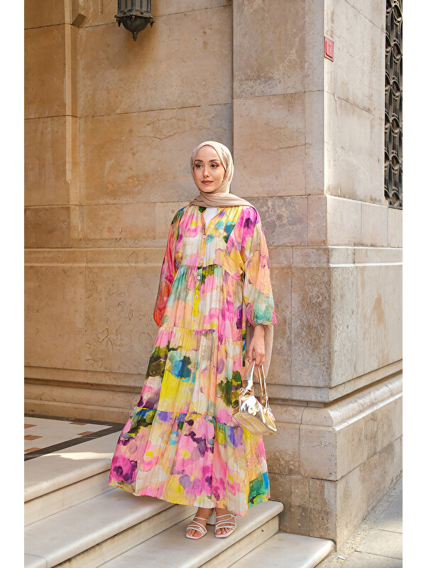 Locco Moda Kadın Soyut Desen Elbise Sarı