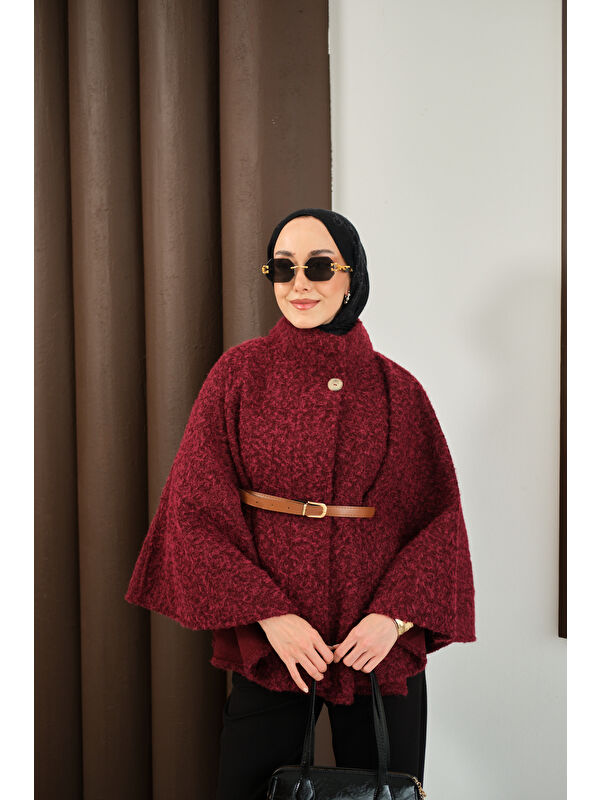 Locco Moda Kadın Kemer Detaylı Panço Bordo