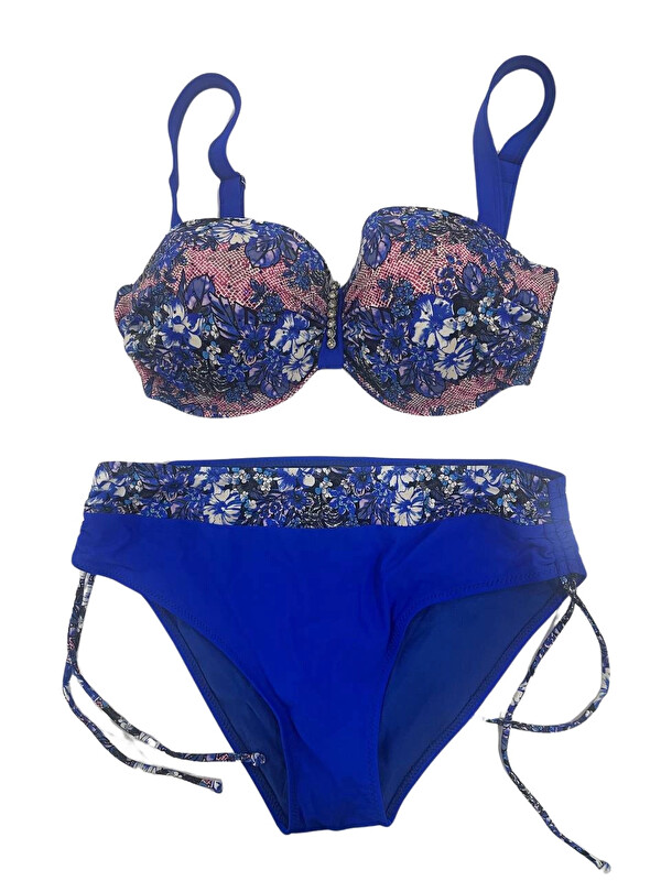 Hazelin Kadın Mavi Çiçek Desenli Büyük Beden Astarlı Lacivert Bikini Takım HZL25S-LC3301