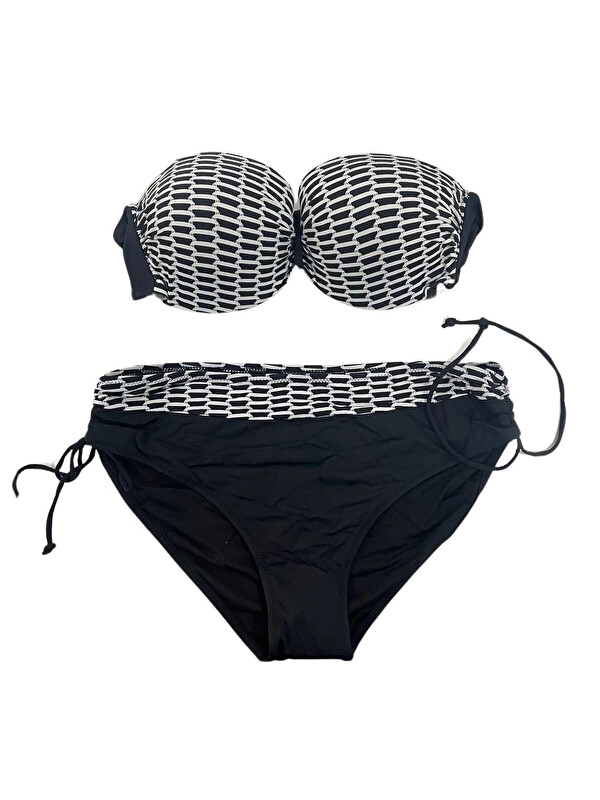 Hazelin Kadın Beyaz Zincir Desenli Büyük Beden Astarlı Siyah Bikini Takım HZL25S-LC3303