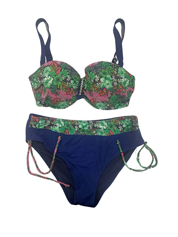Hazelin Kadın Yeşil Çiçek Desenli Büyük Beden Astarlı Lacivert Bikini Takım HZL25S-LC3301
