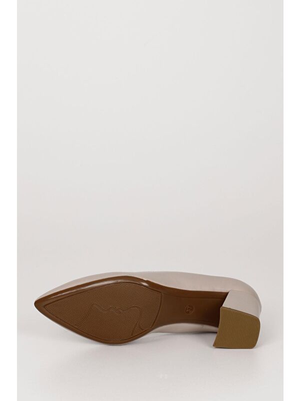 BEJ Hakiki Deri Sivri Burun Orta Kalın Topuklu Kadın Ayakkabı 24170 - Görsel 8