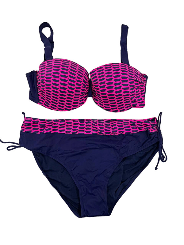 Hazelin Kadın Fuşya Zincir Desenli Büyük Beden Astarlı Lacivert Bikini Takım HZL25S-LC3303