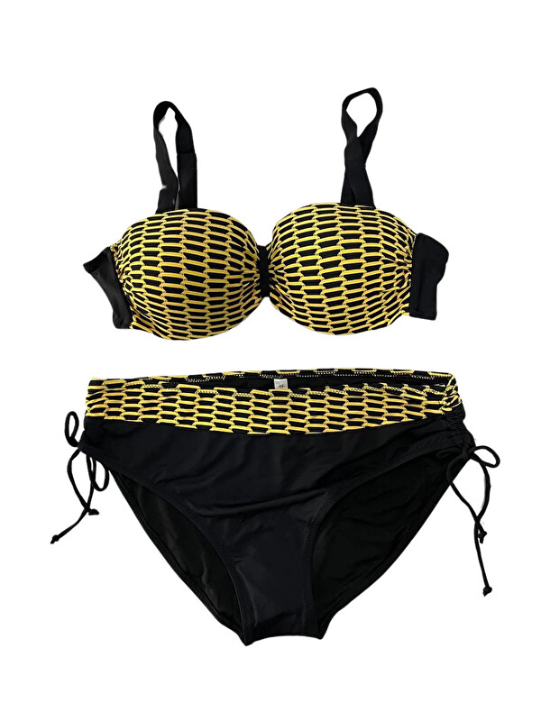 Hazelin Kadın Sarı Zincir Desenli Büyük Beden Astarlı Siyah Bikini Takım HZL25S-LC3303