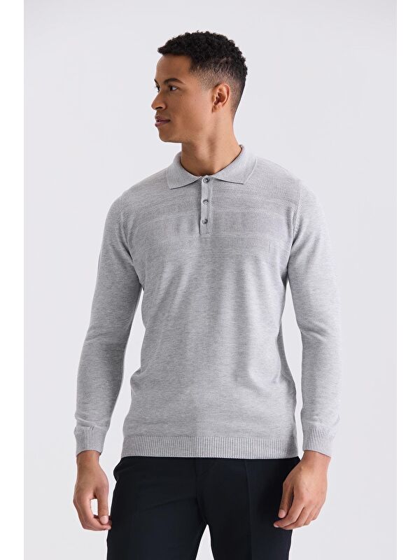 JAKAMEN Gri Classic Fit Düğme Detaylı Polo Yaka Triko Kazak