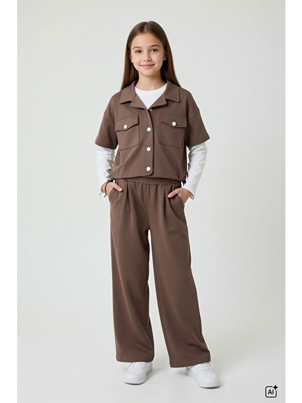 Cansın Mini Kahverengi Kız Çocuk Kısa Kol Ceketli Badili Bol Paça Pantolonlu 3lü Alt Üst Takım 24770