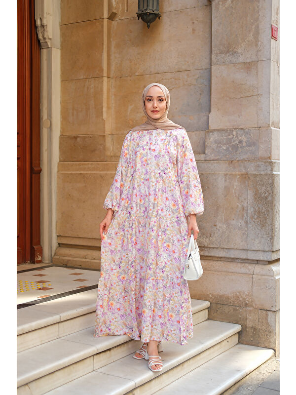 Locco Moda Kadın Çiçek Desenli Elbise Mor