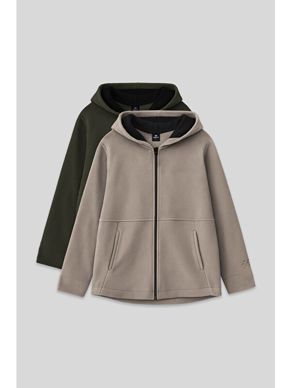 Tommylife Standart Fit Kapüşonlu 2li Paket Haki-Koyu Bej Kız Çocuk Sweatshirt - 75152
