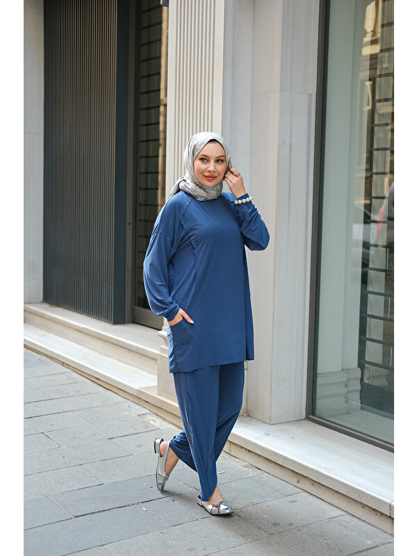 Locco Moda Kadın Parça Detay İkili Takım İndigo Mavi