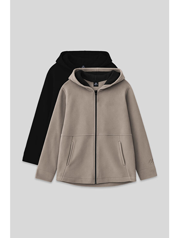 Tommylife Standart Fit Kapüşonlu 2li Paket Siyah-Koyu Bej Kız Çocuk Sweatshirt - 75152