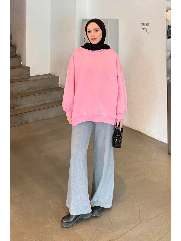Lamelif Jasmin Bisiklet Yaka Oversize Sweat Şeker Pembesi