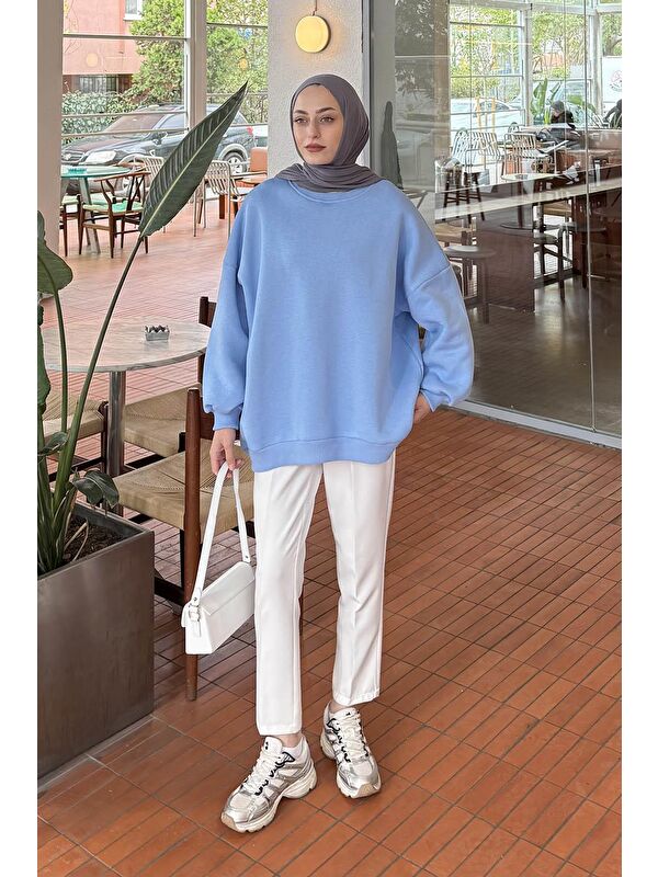 Lamelif Jasmin Bisiklet Yaka Oversize Sweat Bebe Mavisi