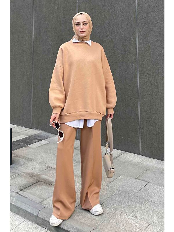 Lamelif Jasmin Bisiklet Yaka Oversize Sweat Sütlü Kahve