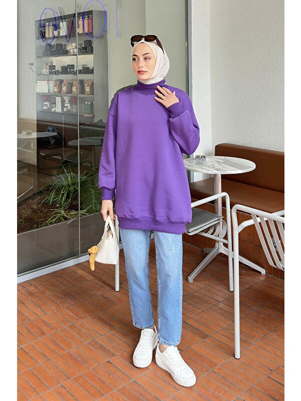 Lamelif Üç İplikli Yarım Balıkçı Yakalı Basic Tunik Mor