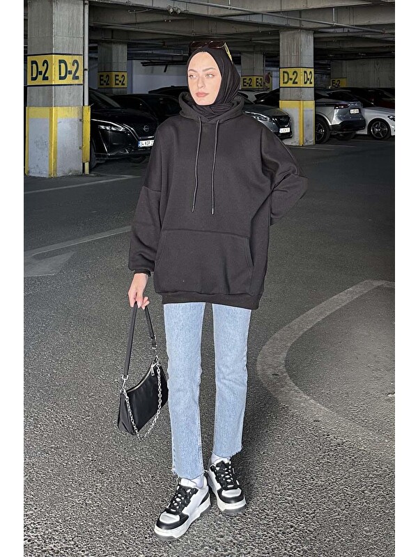 Lamelif Üç İplik Kanguru Cep Sweatshirt Siyah