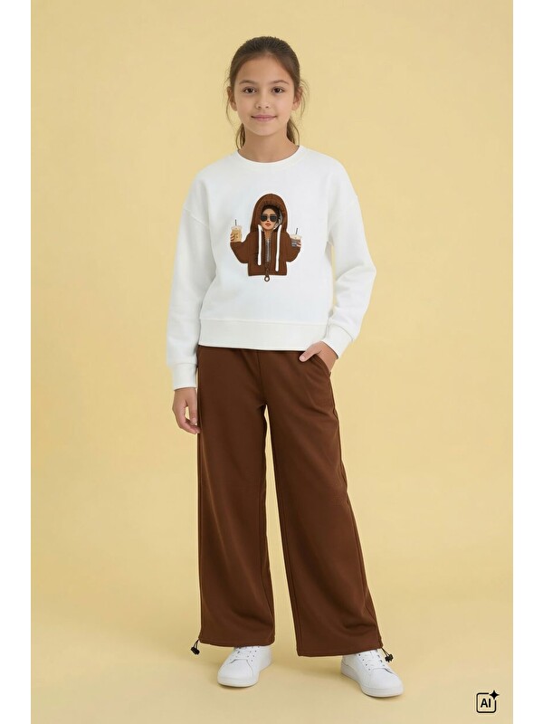 Cansın Mini Kahve Kız Çocuk Hoodie Detaylı Sweatshirt Geniş Paça Eşofman Takımı 24782