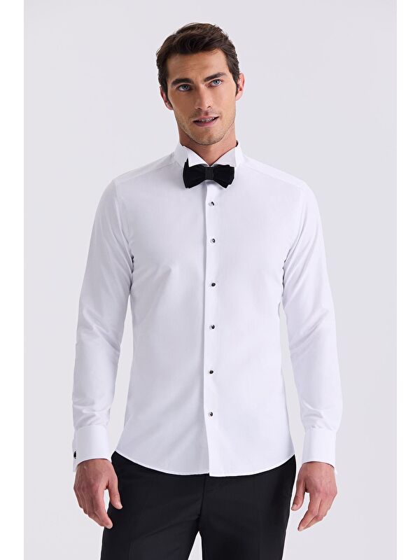 JAKAMEN Beyaz Slim Fit Ata Yaka Double Manşet Gömlek