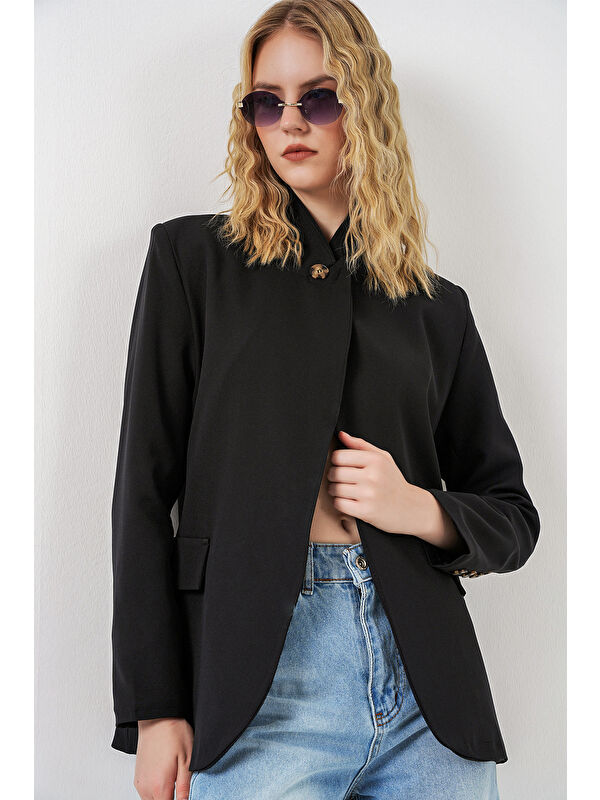 Bigdart Kadın Tek Düğmeli Oversize Blazer Ceket 0749 - Siyah