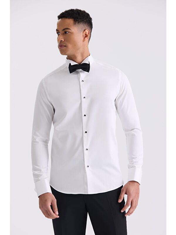 JAKAMEN Beyaz Slim Fit Kol Düğmeli %100 Pamuk Ata Yaka Gömlek