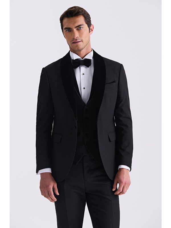 JAKAMEN Siyah Slim Fit Şal Yaka Yelekli Smokin Takım Elbise