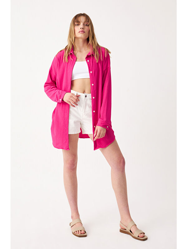 Trendseninle Kadın Fuşya Oversize Uzun Krinkıl Gömlek