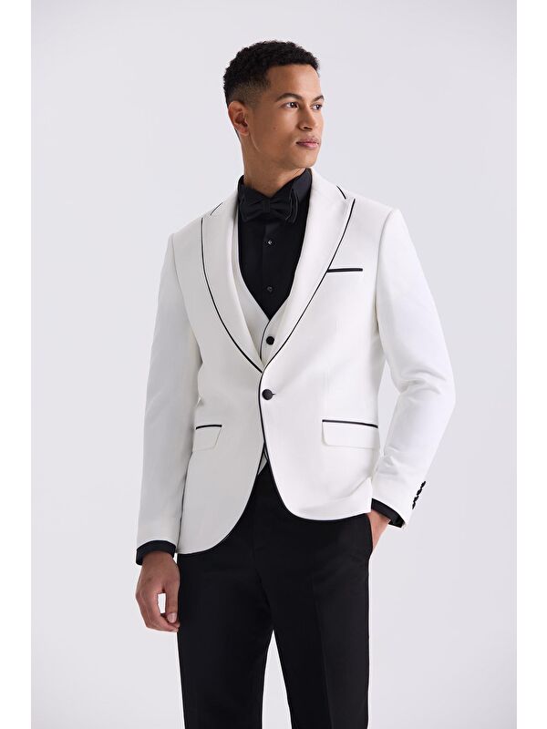 JAKAMEN Beyaz Slim Fit Sivri Yaka Yelekli Smokin Takım Elbise