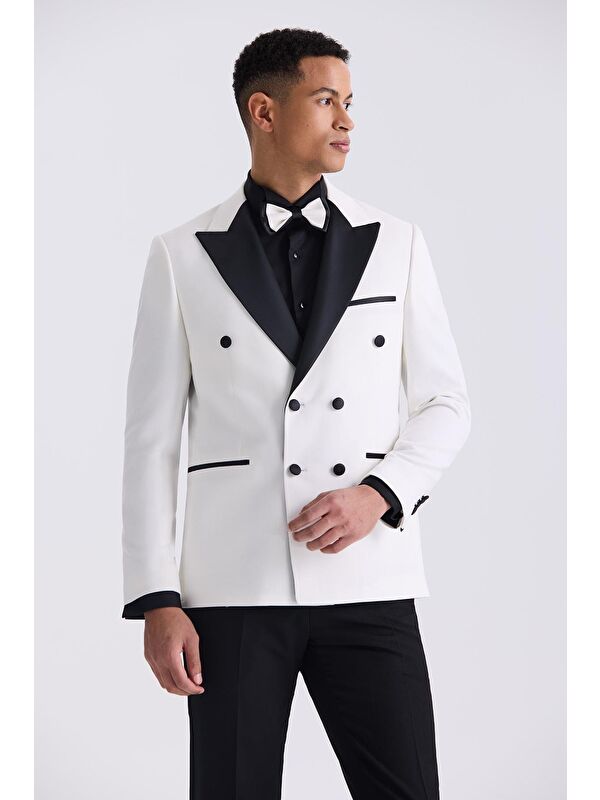 JAKAMEN Beyaz Slim Fit Sivri Yaka Kruvaze Smokin Takım Elbise