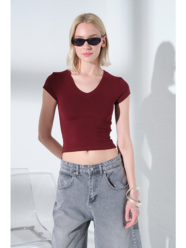 Domoda V Yaka Soft Touch Premium Ay Kol Örme Body Bluz @Alto