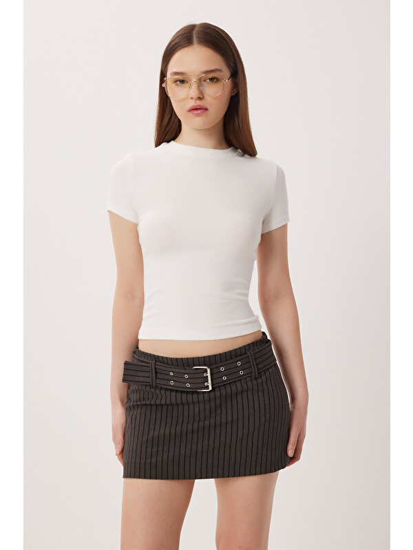 Happiness İstanbul Bisiklet Yaka Basic Örme T-shirt KEMİK LDZ0067