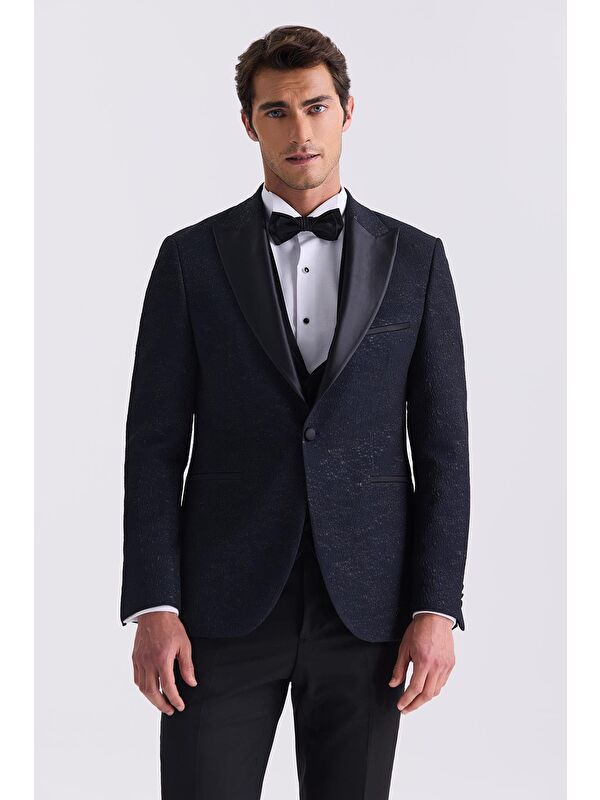 JAKAMEN Koyu Lacivert Slim Fit Sivri Yaka Yelekli Smokin Takım Elbise