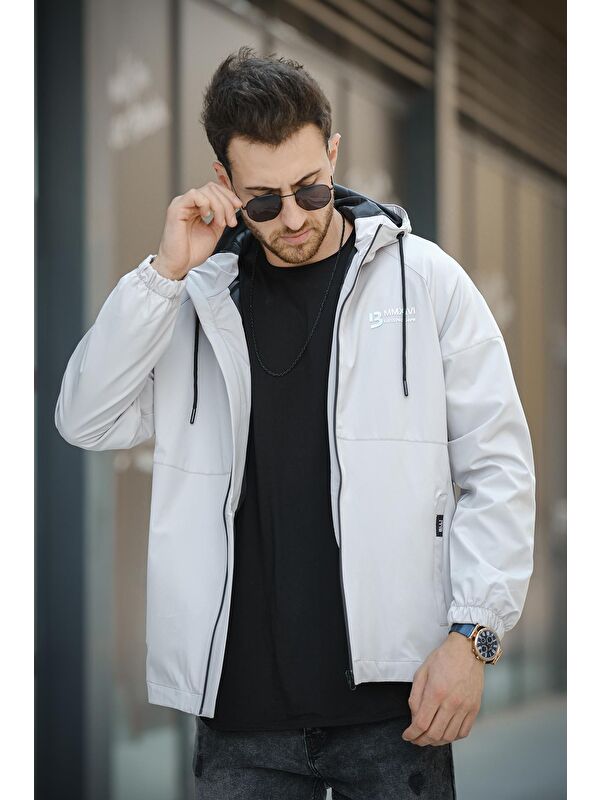 Oksit Mmx Baskılı Suya Dayanaklı Slim Fit Erkek Kapüşonlu Mevsimlik Mont Yağmurluk