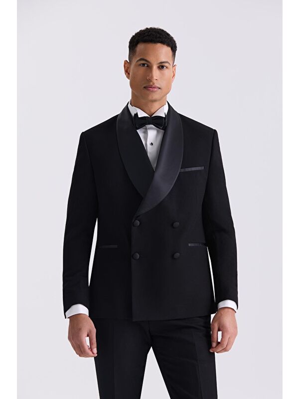 JAKAMEN Siyah Slim Fit Sabit Şal Yaka Kruvaze Smokin Takım Elbise