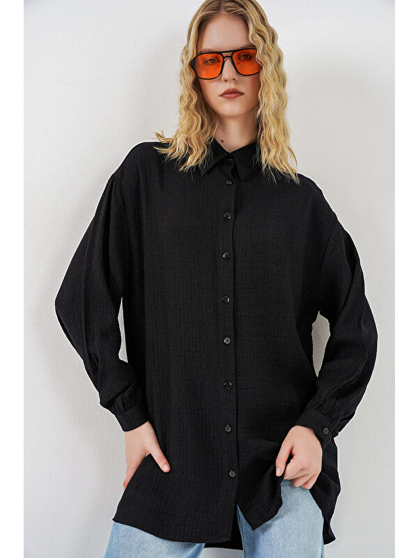 Bigdart Kadın Dokulu Oversize Tunik 5989 - Siyah