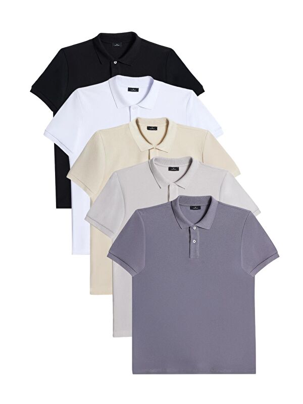TUDORS Erkek 5'Li Paket Siyah-K.Gri-Beyaz-Gri-Ekru Slim Fit Dar Kesim Pamuklu Düz Pike Polo Yaka Tişört