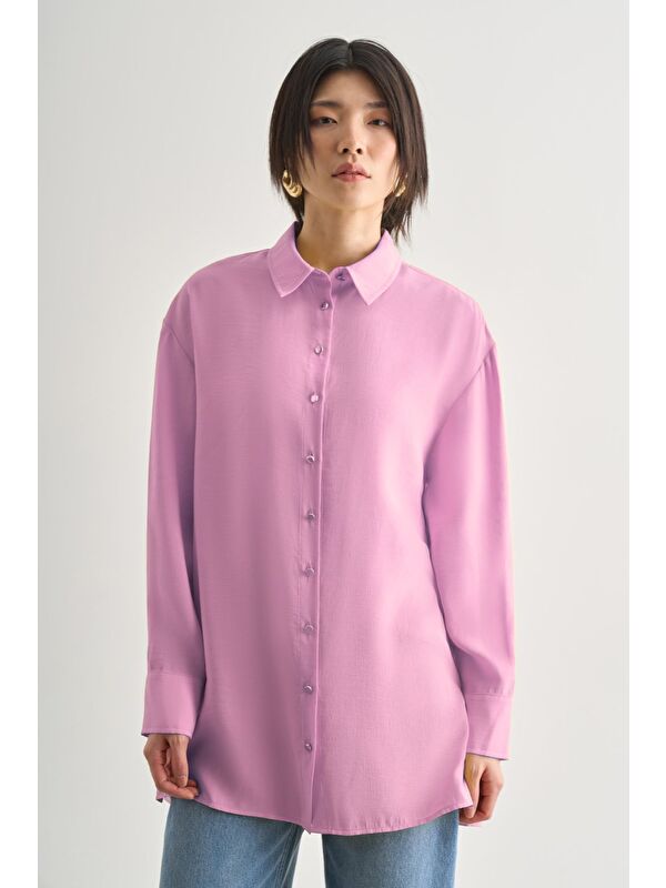 Mizalle Yan Düğme Detaylı Premium Modal Pembe Tunik