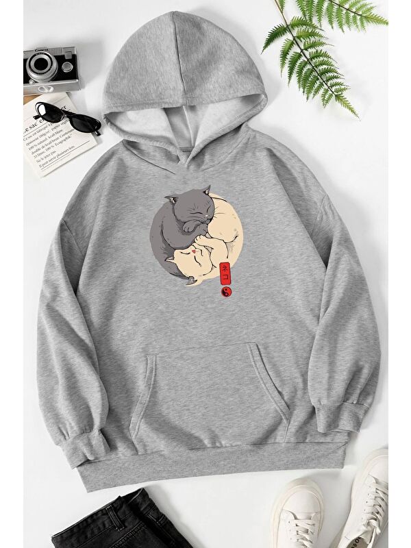uyguntarz Unisex Yin Yang Cats Baskılı Sweatshirt