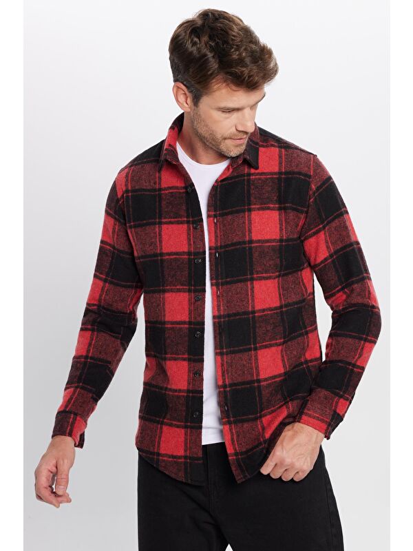 TUDORS Erkek Slim Fit Dar Kesim Oduncu Kareli Kışlık Gömlek