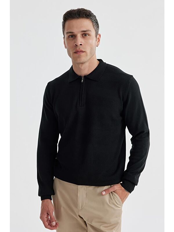 JAKAMEN Siyah Slim Fit Pamuklu Desenli Fermuarlı Polo Yaka Triko Kazak
