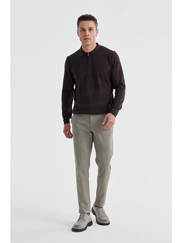 JAKAMEN Kahve Slim Fit Pamuklu Desenli Fermuarlı Polo Yaka Triko Kazak