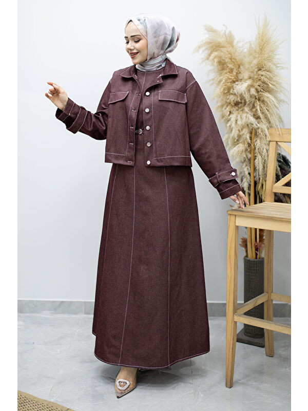 Tesettür Dünyası Kemerli Ceketli Denim Elbise TSD260164 Bordo