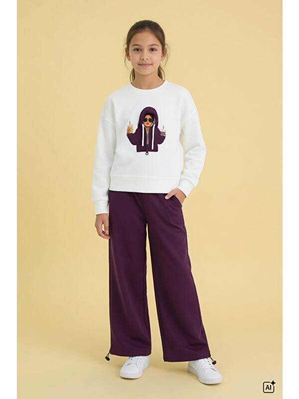 Cansın Mini Bordo Kız Çocuk Hoodie Detaylı Sweatshirt Geniş Paça Eşofman Takımı 24781